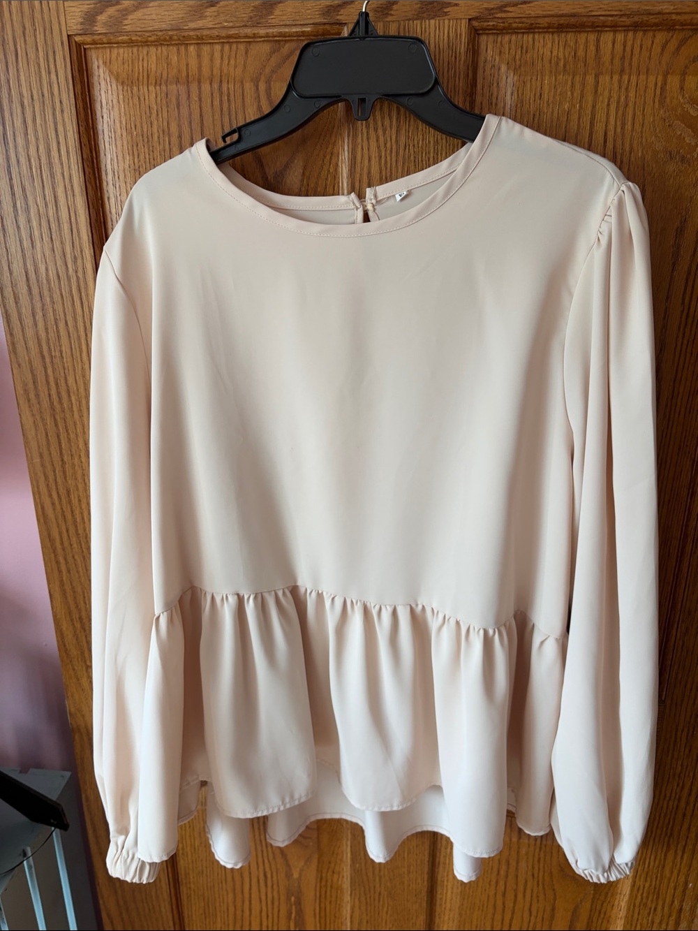 Amazon Women's Cream Ruffle Hem Long-Sleeve Blouse